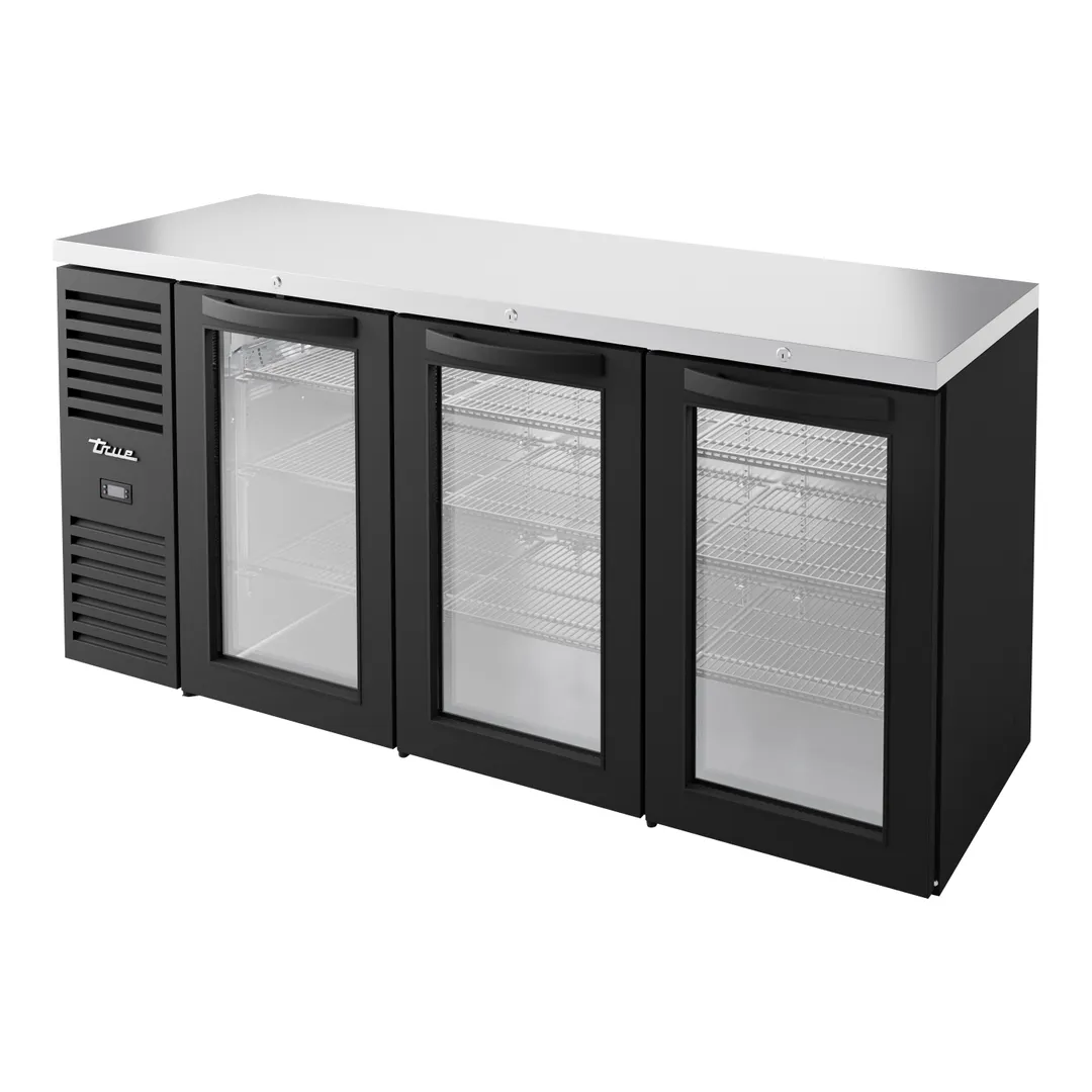 True TBR72-RISZ1-L-B-GGG-1 72" Back Bar Refrigerator with 3 Glass Swing Doors & LED Lighting