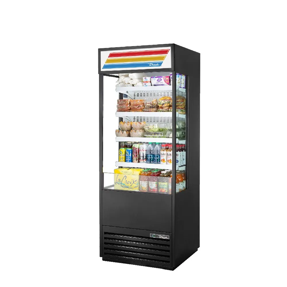 True TOAM-30GS-HC~TSL01 30" Vertical Air Curtain Merchandiser in Black, Self-Contained, 4 Shelves, Glass Sides, Lighted Sing Panel