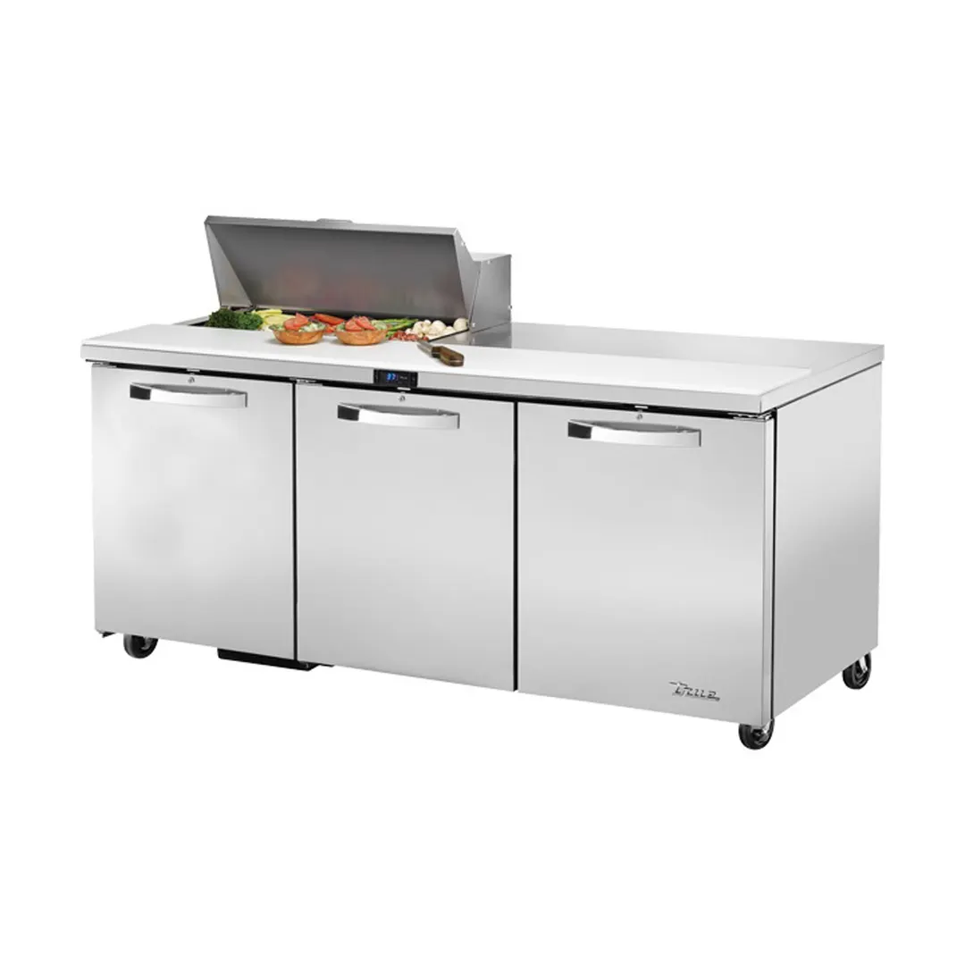 True TSSU-72-08-HC~SPEC3 72" Three Section Sandwich / Salad Prep Table w/ 3 Doors, 8 Pans