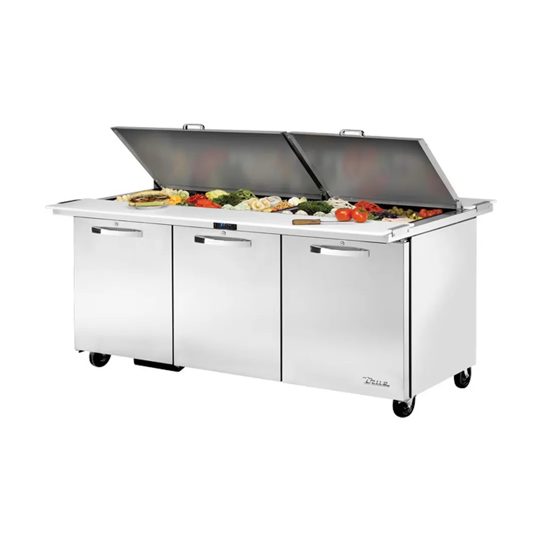 True TSSU-72-30M-B-DS-ST-HC~SPEC3 72" Mega Top Sandwich/Salad Prep Table w/ 3 Doors, 30 Pans