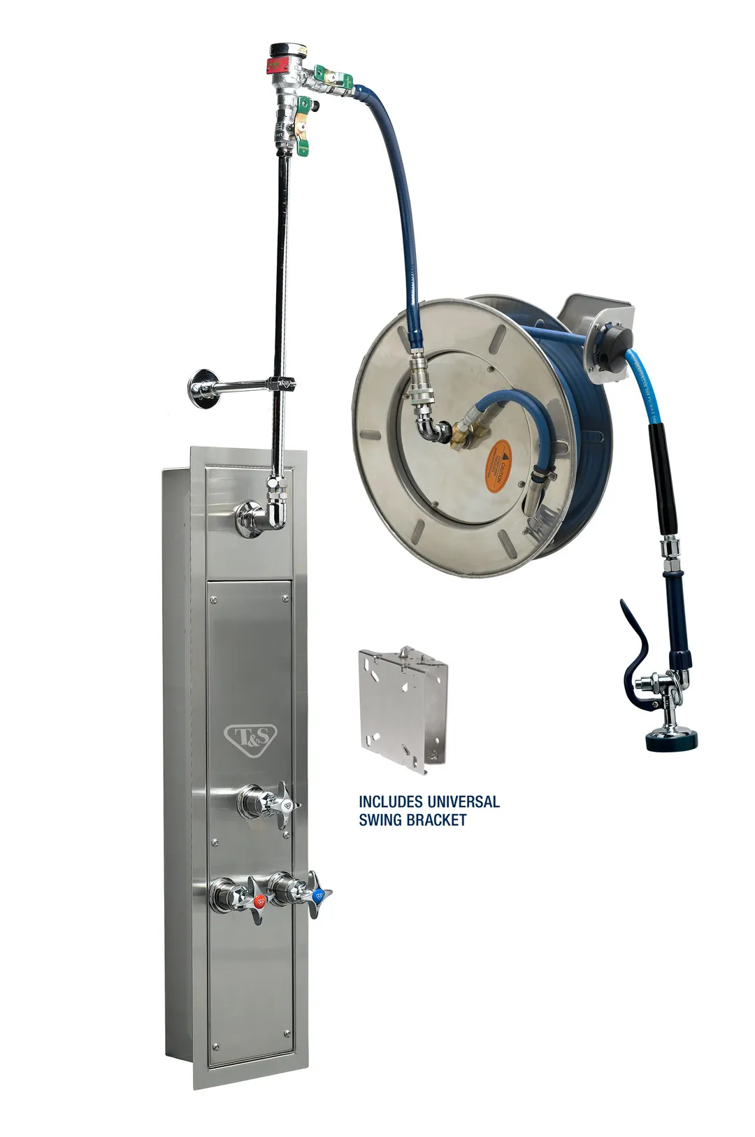 T&S Brass B-7132-U01WS7TC 50' Stainless Steel Open Hose Reel with Stainless Steel Recessed Cabinet with Bottom Inlets