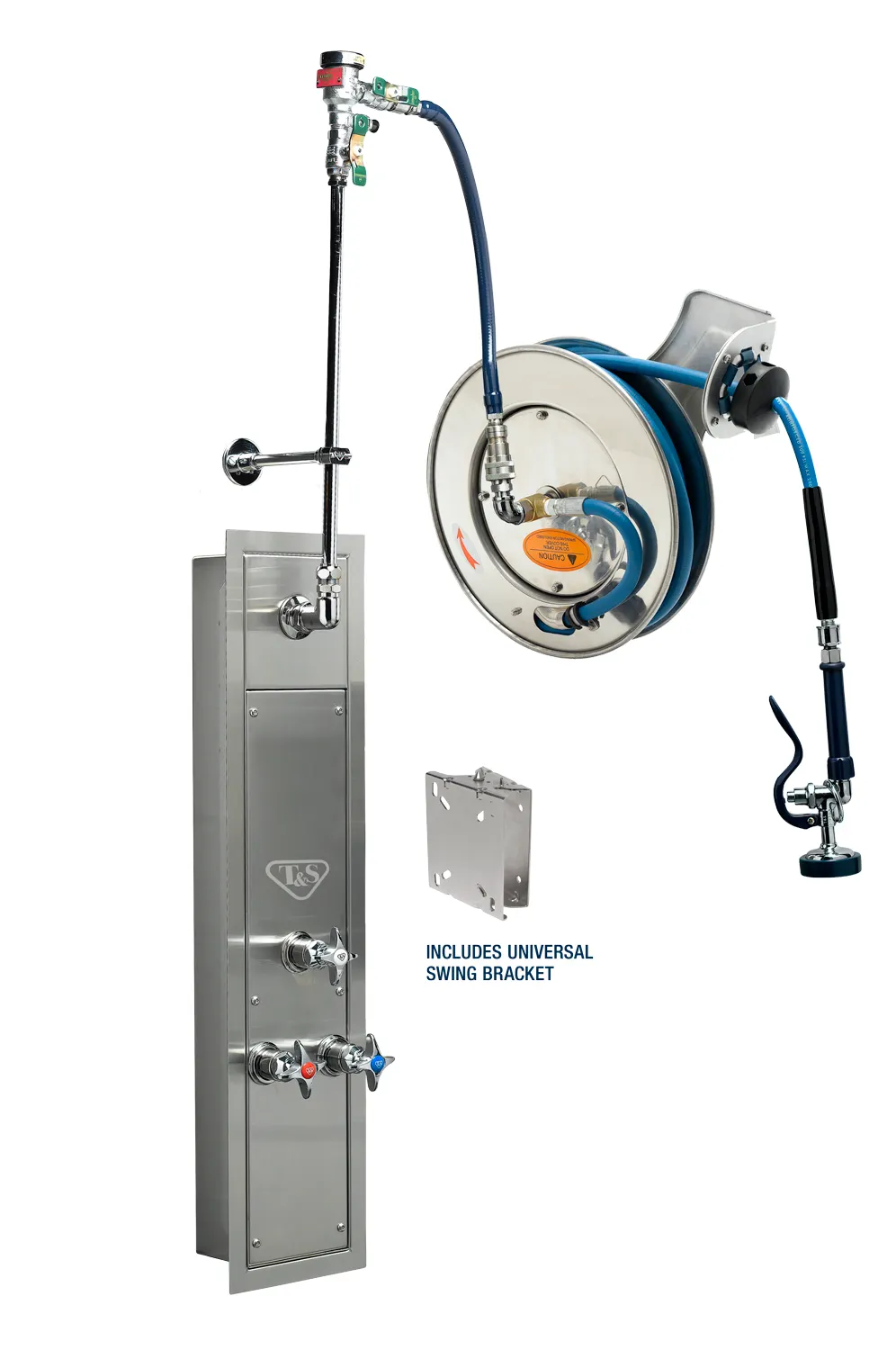 T&S Brass B-7132-U01WS8TC 50' Stainless Steel Open Hose Reel with Stainless Steel Surface Cabinet with Bottom Inlets