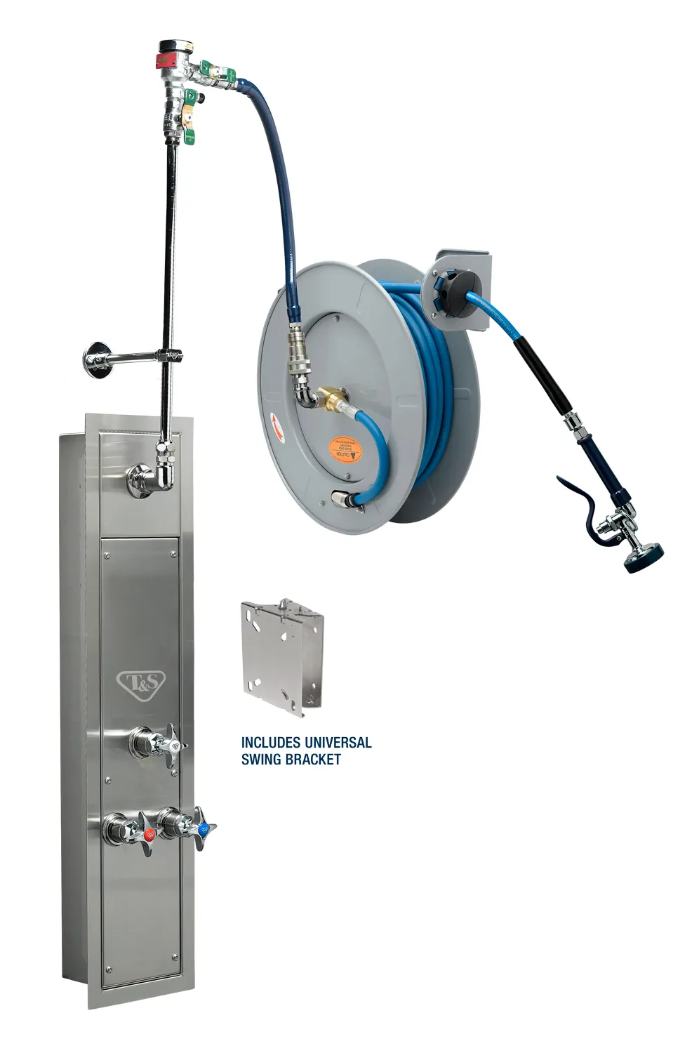 T&S Brass B-7242-U01WS8BC 50' Epoxy Coated Open Hose Reel with Stainless Steel Surface Cabinet with Bottom Inlets