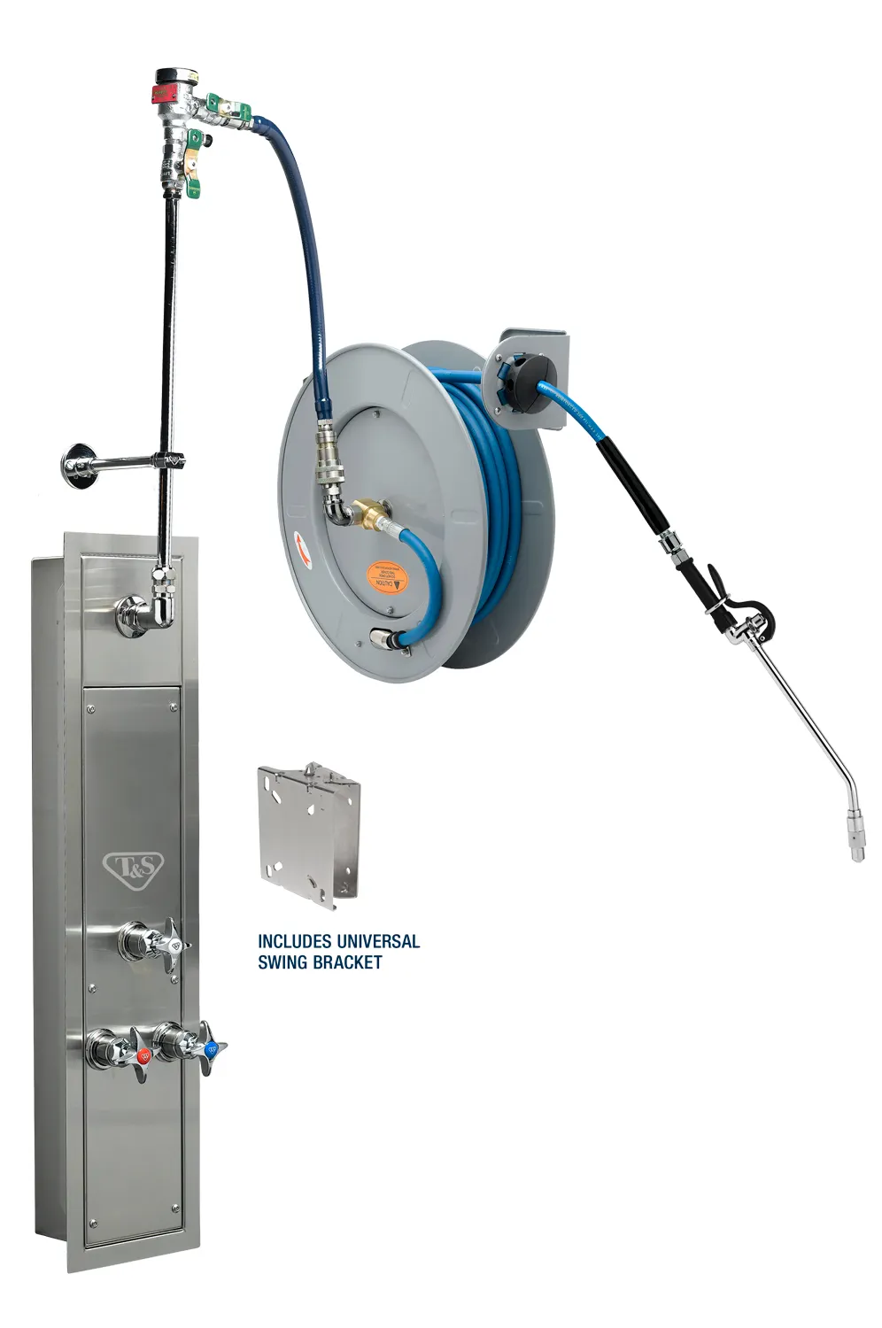 T&S Brass B-7242-U10WS7BC 50' Stainless Steel Open Hose Reel with Stainless Steel Recessed Cabinet with Bottom Inlets