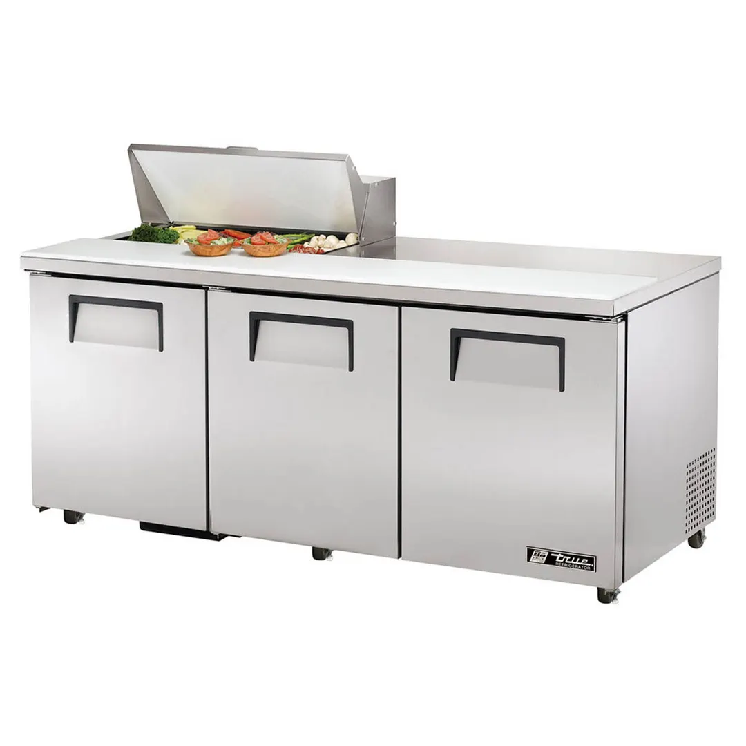 True TSSU-72-08-HC 72" Three Section Sandwich / Salad Prep Table w/ 3 Doors, 8 Pans