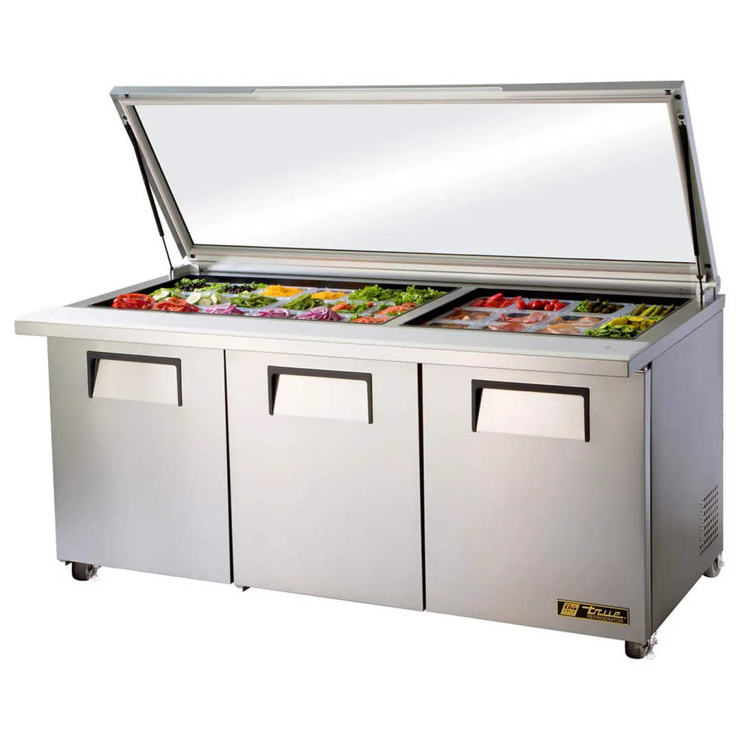 True TSSU-72-30M-B-ST-FGLID-HC 72" Mega Top Sandwich/Salad Prep Table w/ 3 Doors, 30 Pans