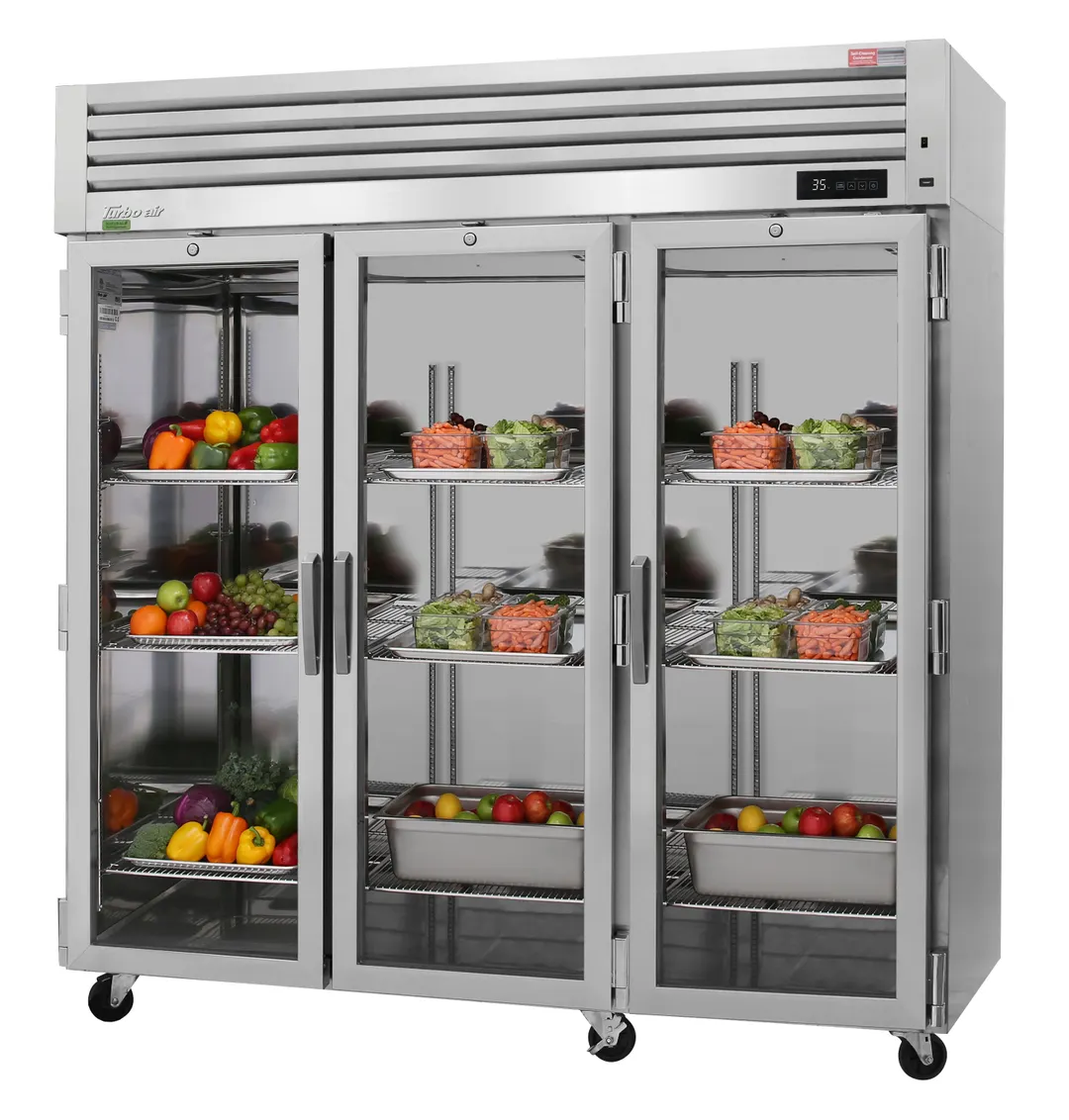 Turbo Air PRO-77R-G-N 78" 3-Section Reach-In Refrigerator w/ 3 Glass Doors, Top Mount, Stainless Steel, 76 cu. ft.