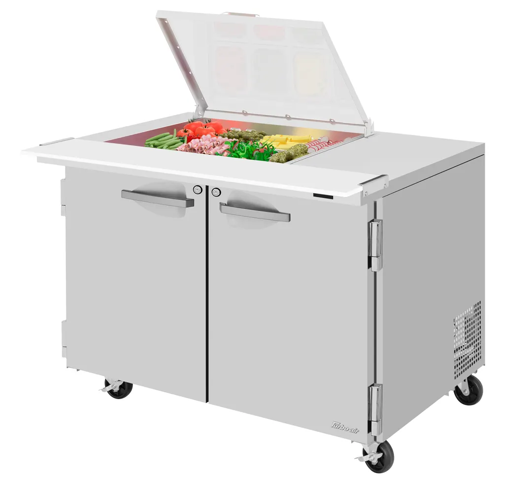 Turbo Air PST-48-12M-N-FCL 48" 2-Door Mega Top Sandwich and Salad Prep Table, 12 Pans, Stainless Steel