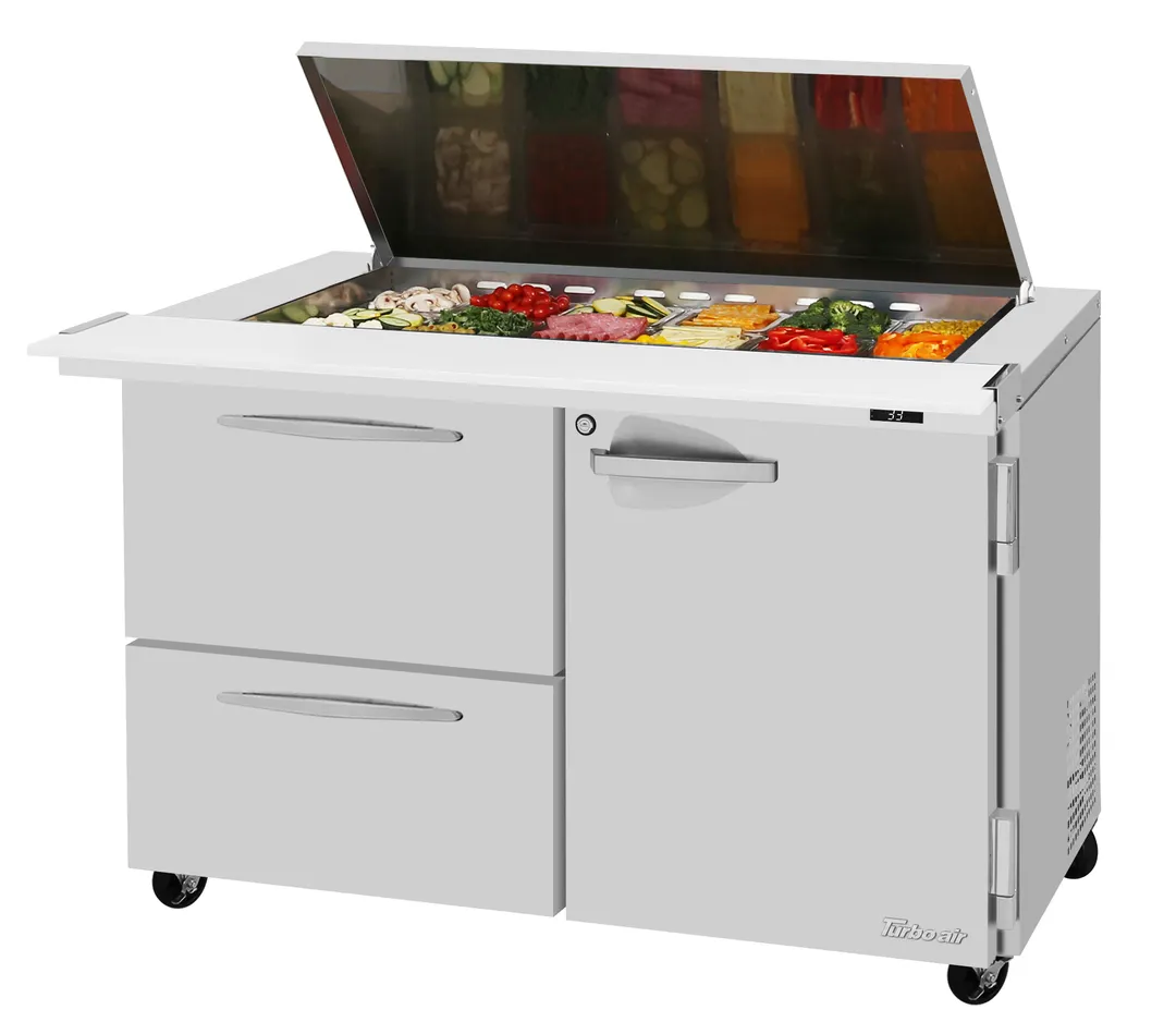 Turbo Air PST-48-18-D2R(L)-N-FL 48" 1-Door & 2-Drawer Mega Top Sandwich Prep Table, 18 Pans, Stainless Steel