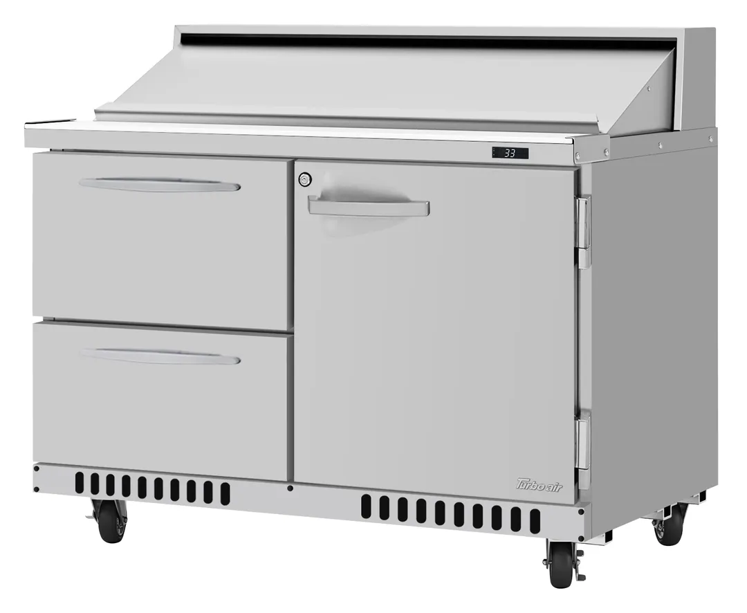 Turbo Air PST-48-D2R(L)-FB-N 48" 1-Door & 2-Drawer Sandwich and Salad Prep Table, Front Breathing, 12 Pans, Stainless Steel