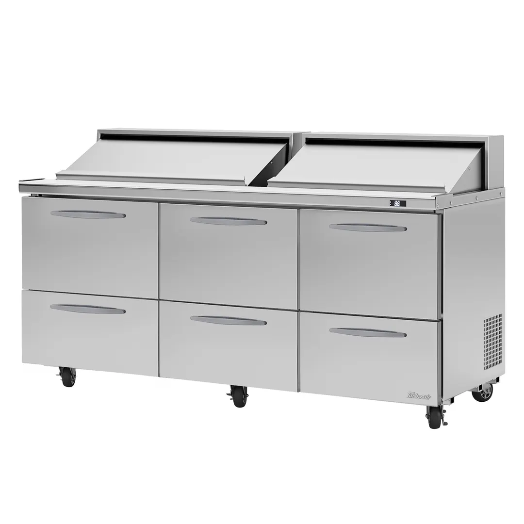 Turbo Air PST-72-D6-N 72" Three Section Sandwich / Salad Prep Table w/ 6 Drawers, 18 Pans