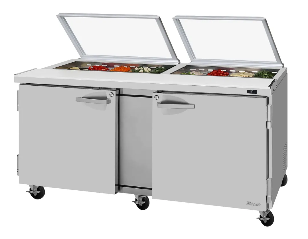 Turbo Air PST-72-N-GL 72" 2-Door Sandwich and Salad Prep Table, 18 Pans, Stainless Steel