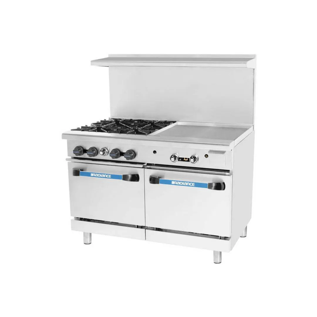 Turbo Air TARG-24G4B 48" Gas Restaurant Range w/ (4) Open Burners, 24" Griddle Left, (2) Standard Ovens, 235.000 BTU 