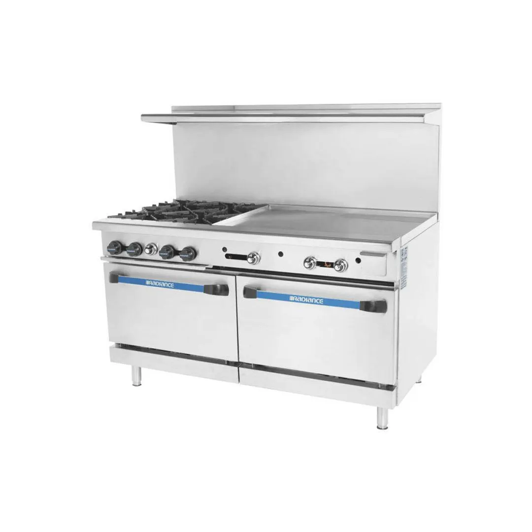 Turbo Air TARG-36G4B 60" Gas Restaurant Range w/ (4) Open Burners, 36" Griddle Left, (2) Standard Ovens, 257.000 BTU
