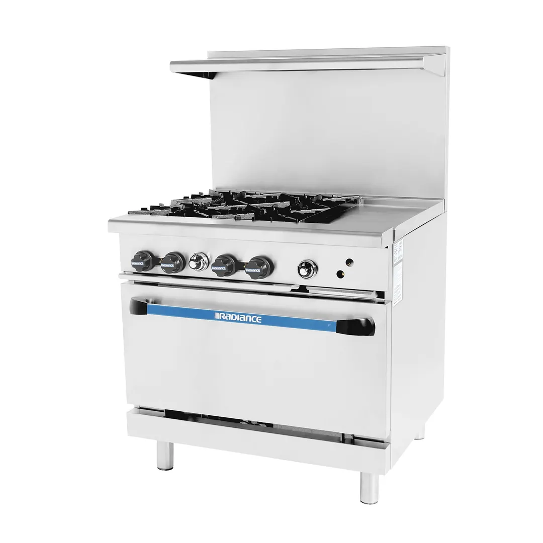 Turbo Air TARG-4B12G 36" Gas Restaurant Range w/ (4) Open Burners, 12" Griddle, (1) Standard Oven, 185.000 BTU 