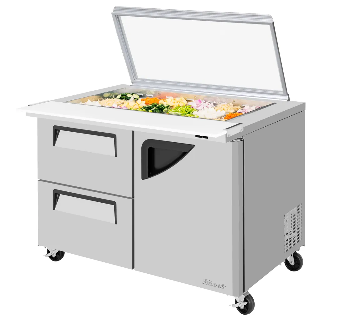 Turbo Air TST-48SD-18-D2R-N-GL 48" Mega Top Sandwich and Salad Prep Table w/ 1 Door & 2 Drawers, 18 Pans