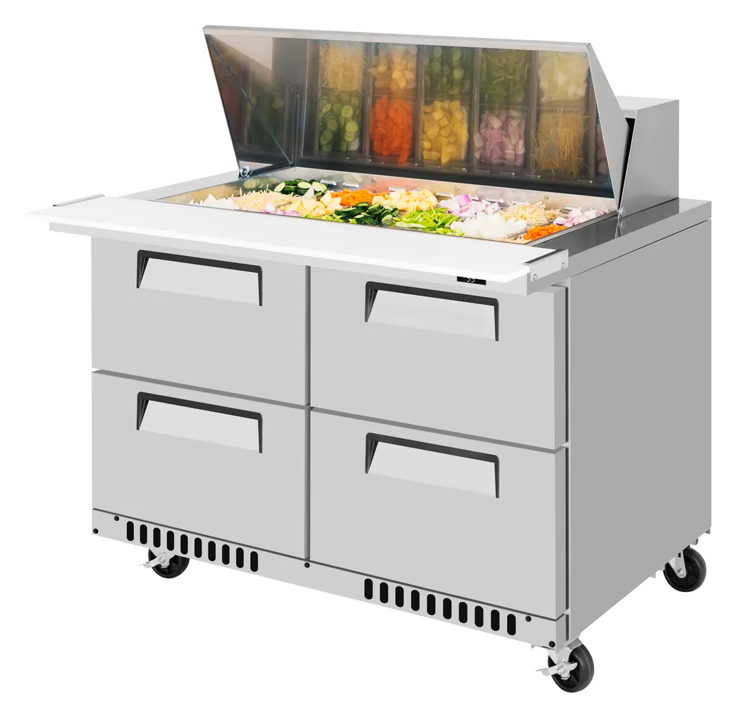 Turbo Air TST-48SD-18-D4-FB-N 48" 4-Drawer Mega Top Sandwich and Salad Prep Table, 18 Pans, Stainless Steel