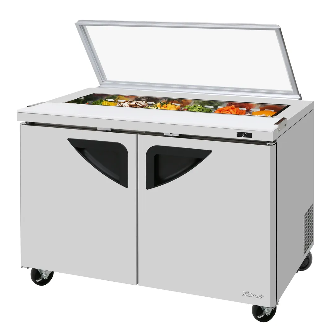 Turbo Air TST-48SD-N-GL 48" 2-Door Sandwich and Salad Prep Table, 12 Pans, Stainless Steel