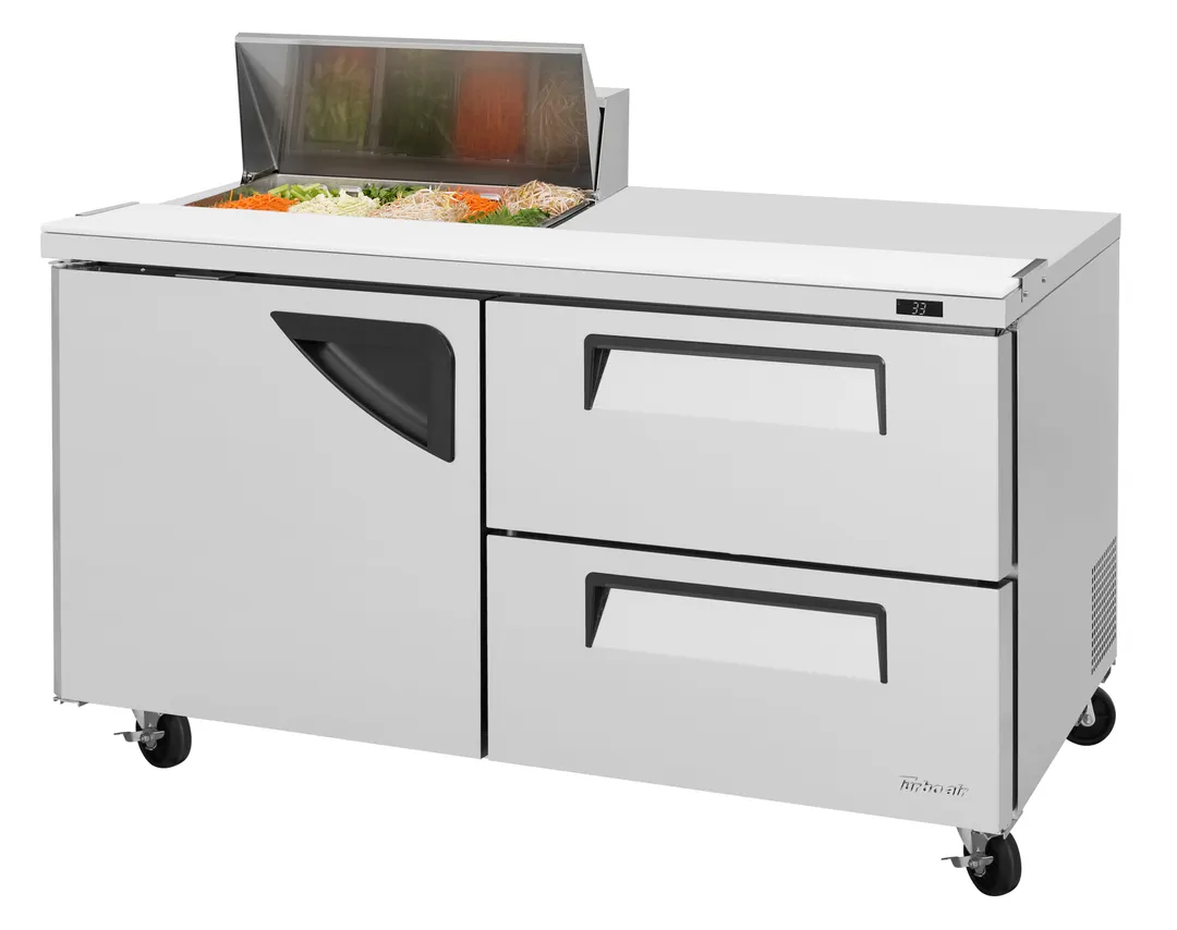 Turbo Air TST-60SD-08S-D2-N 60" 1-Door & 2-Drawer Sandwich and Salad Prep Table, 8 Pans, 19 cu. ft., Stainless Steel