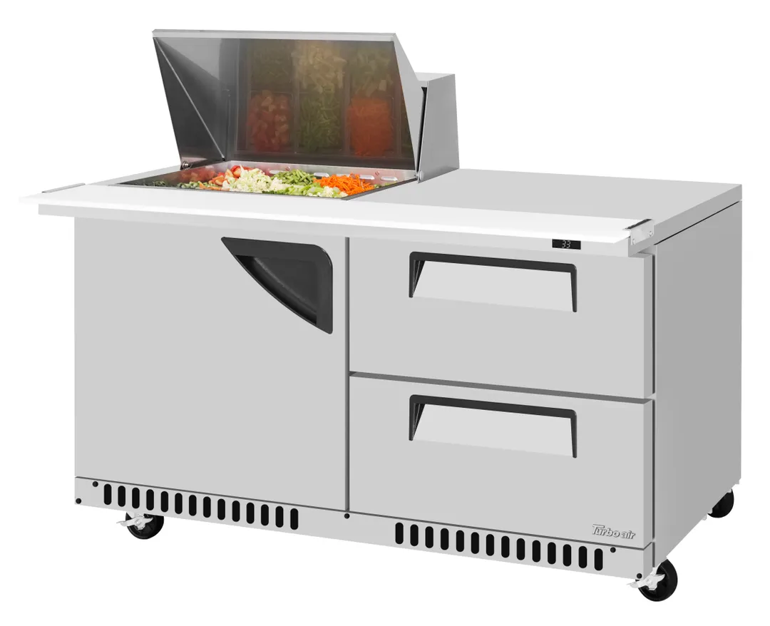 Turbo Air TST-60SD-12M-D2R(L)-FB-N(-LW) 60" 2-Section Mega Top Sandwich Prep Table w/ 2 Drawers, 12 Pans, Stainless Steel