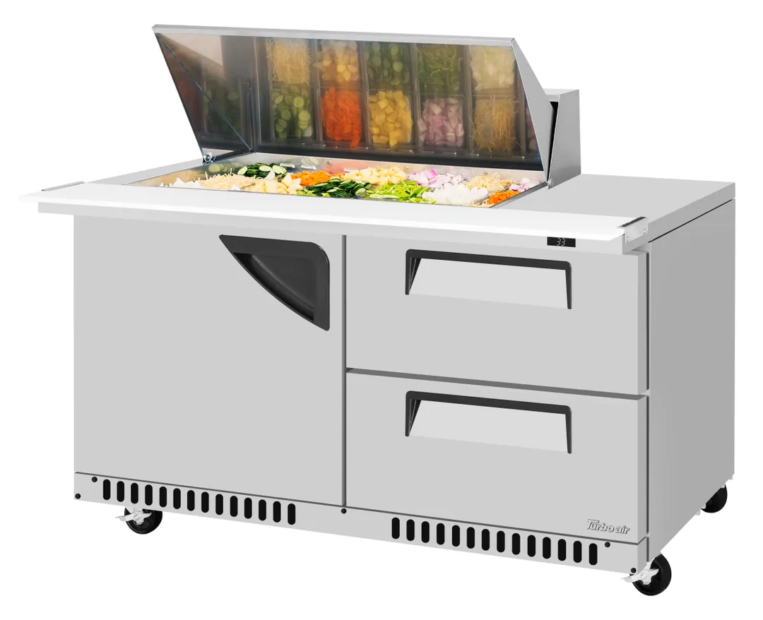 Turbo Air TST-60SD-18M-D2R(L)-FB-N(-LW) 60" 2-Section Mega Top Sandwich Prep Table w/ 2 Drawers, Front Breathing, 18 Pans
