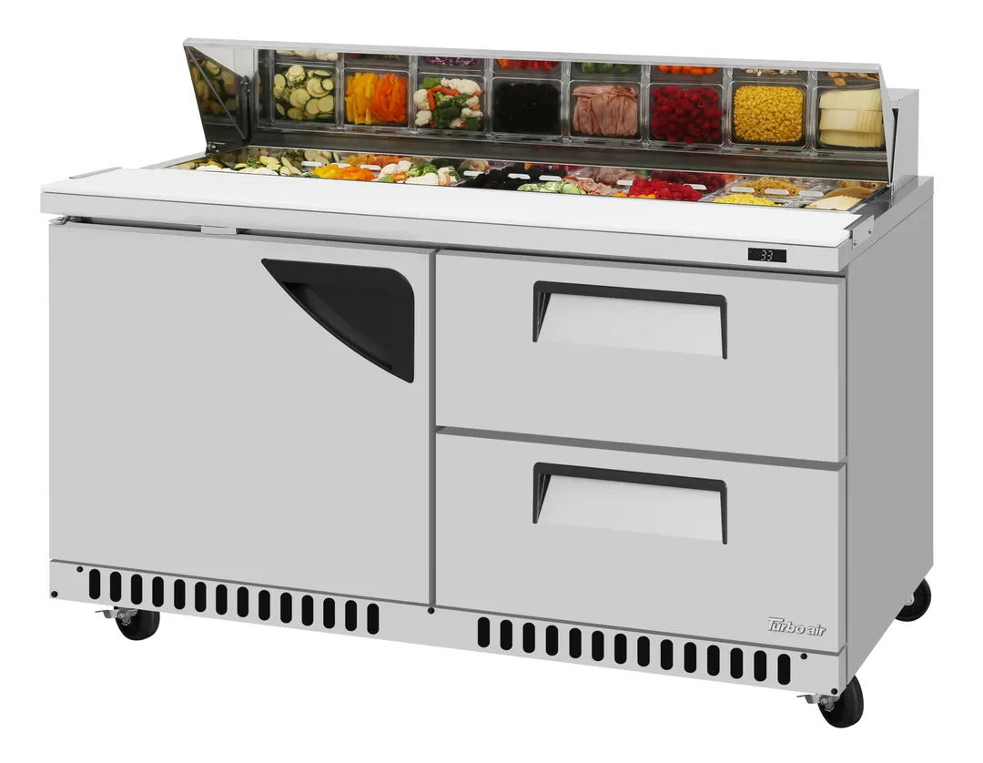 Turbo Air TST-60SD-D2R(L)-FB-N 60" Sandwich and Salad Prep Table w/ 1 Door & 2 Drawers, 16 Pans