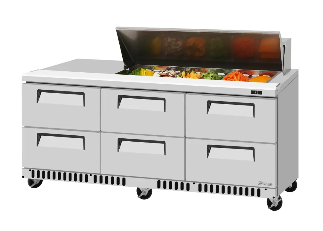 Turbo Air TST-72SD-12S-D6-FB-N(-LW) 72" 3-Section Sandwich/Salad Prep Table, 6-Drawer, 20.5 cu. ft., Stainless Steel