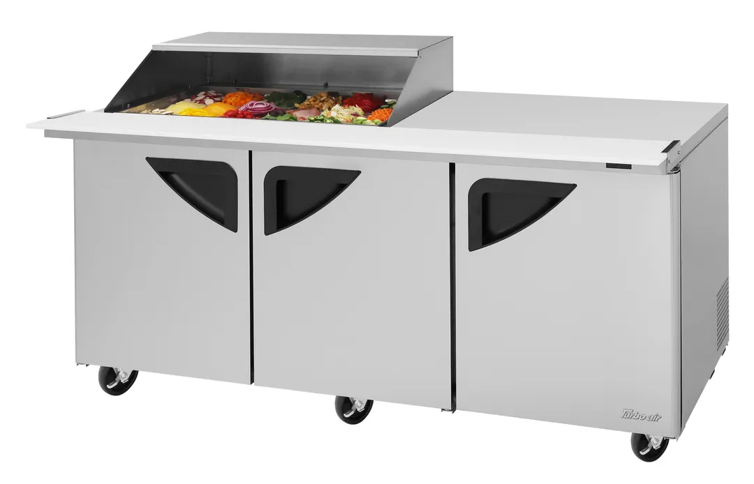 Turbo Air TST-72SD-18M-N-SL(-LW) 72" 3-Door Mega Top Sandwich and Salad Prep Table, 18 Pans, Stainless Steel