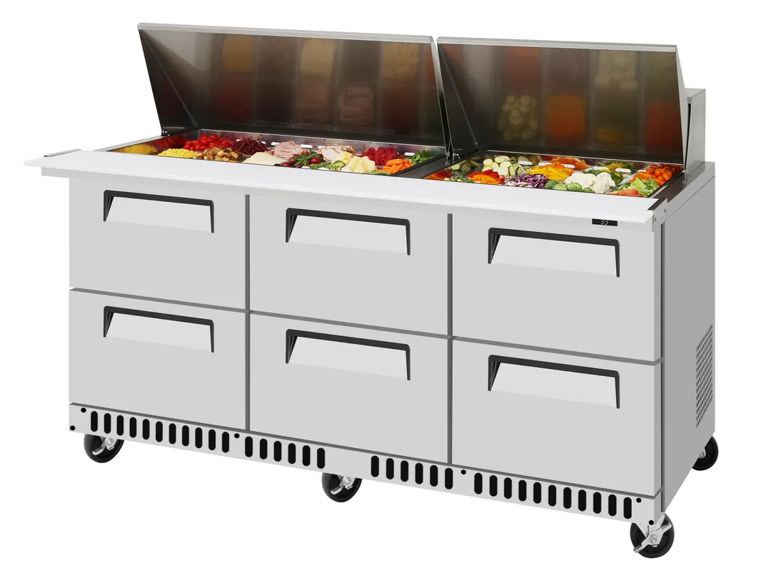 Turbo Air TST-72SD-30-D6-FB-N 72" 6-Drawer Mega Top Sandwich and Salad Prep Table, 30 Pans, Stainless Steel