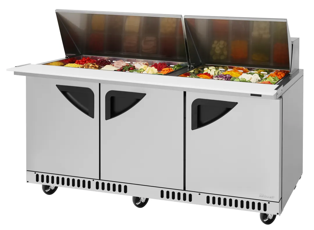 Turbo Air TST-72SD-30-FB-N 72" 3-Door Mega Top Sandwich and Salad Prep Table, 30 Pans, Stainless Steel