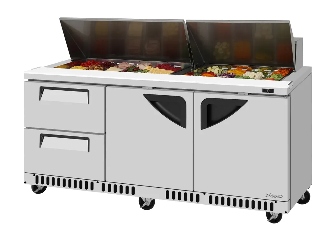 Turbo Air TST-72SD-D2LR-FB-N 72-5/8" 3-Section Sandwich & Salad Prep Table, 2 Drawers, 18 Pans, Stainless Steel
