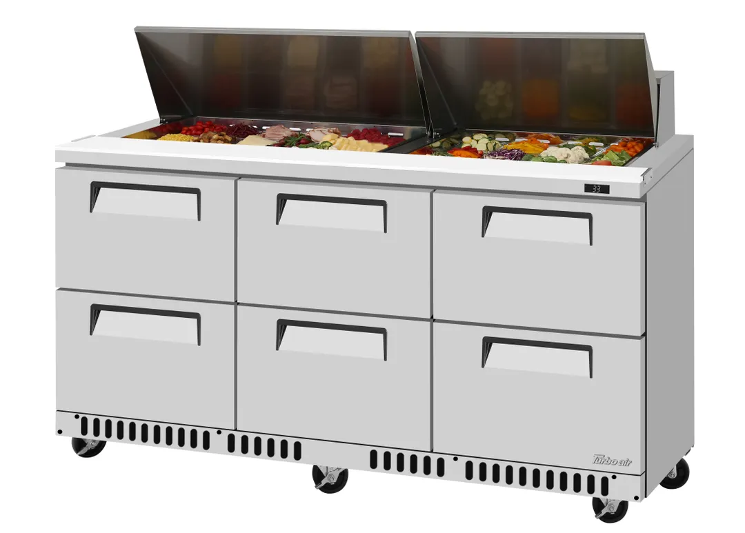Turbo Air TST-72SD-D6-FB-N 72" 3-Section Sandwich and Salad Prep Table w/ 6 Drawers, 18 Pans, Stainless Steel
