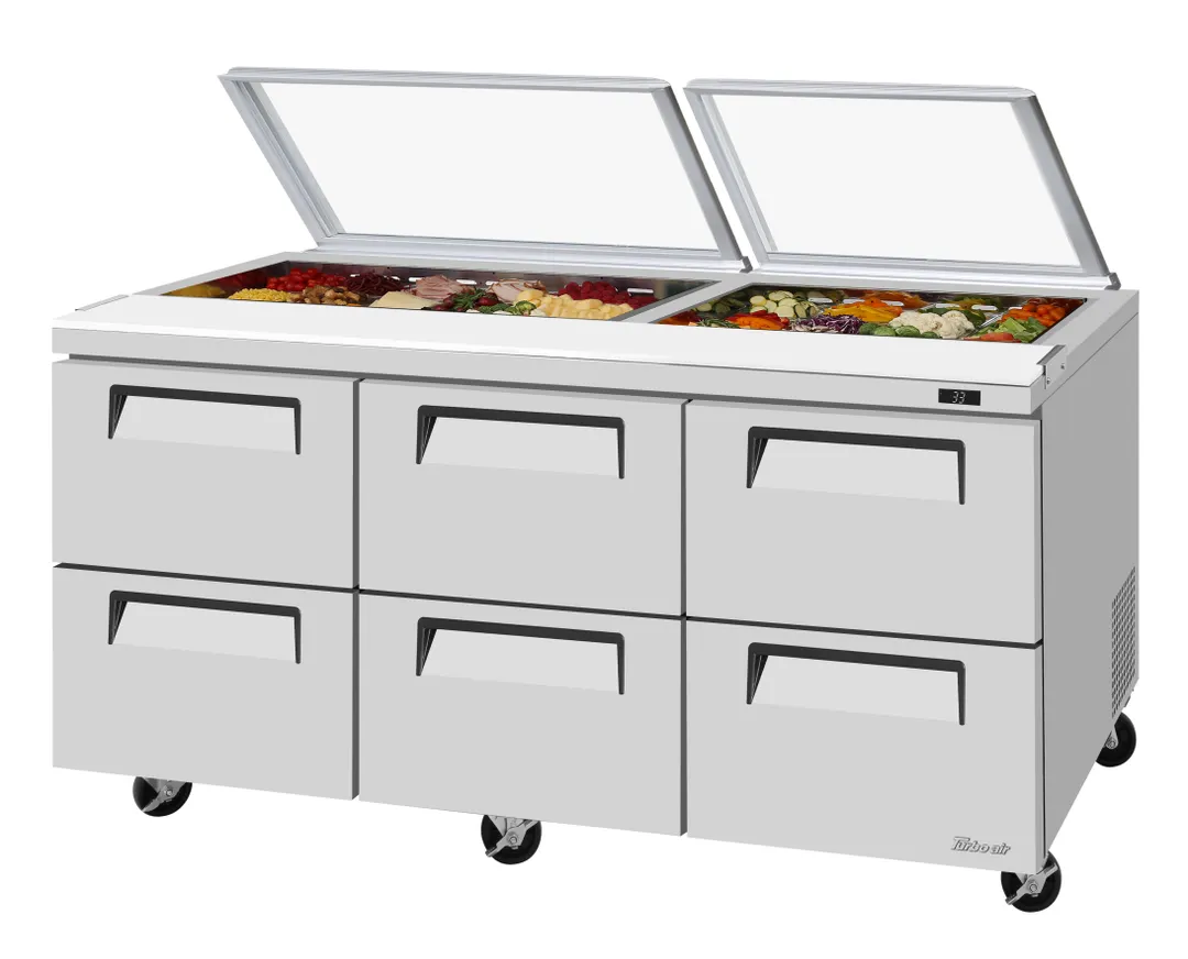 Turbo Air TST-72SD-D6-N-GL 72" 3-Section Sandwich and Salad Prep Table, 6-Drawer, 19 cu. ft., Stainless Steel