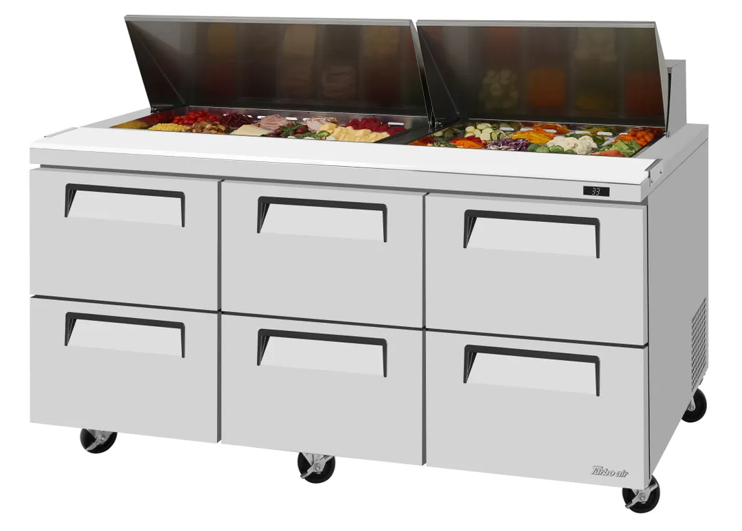 Turbo Air TST-72SD-D6-N 72" 3-Section Sandwich and Salad Prep Table w/ 6 Drawers, 18 Pans, Stainless Steel
