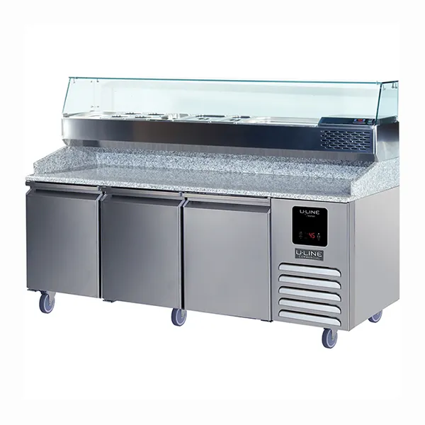 U-Line UCPP588-SS61A 88" Three Section Refrigerated Pizza Prep Table w/ 3 Doors, 22 cu. ft.