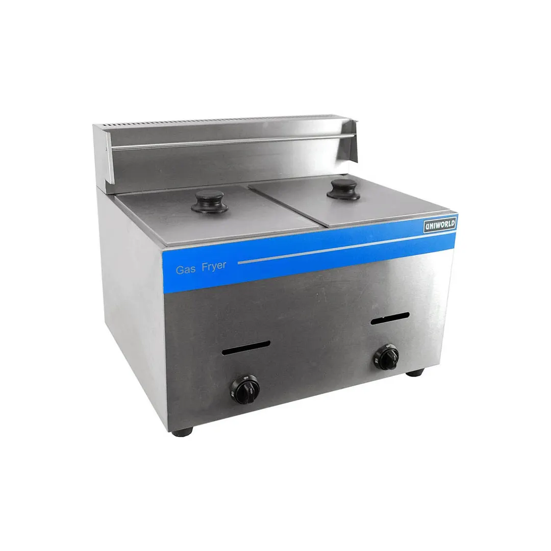 Uniworld UGF-72H 23" Split Pot Countertop Gas Fryer w/ (2) 10-L Wells, 2 Fry Baskets, 2 Night Covers