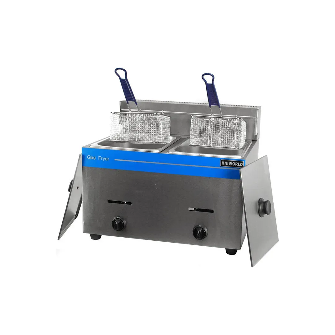 Uniworld UGF-72H 23" Split Pot Countertop Gas Fryer w/ (2) 10-L Wells, 2 Fry Baskets, 2 Night Covers