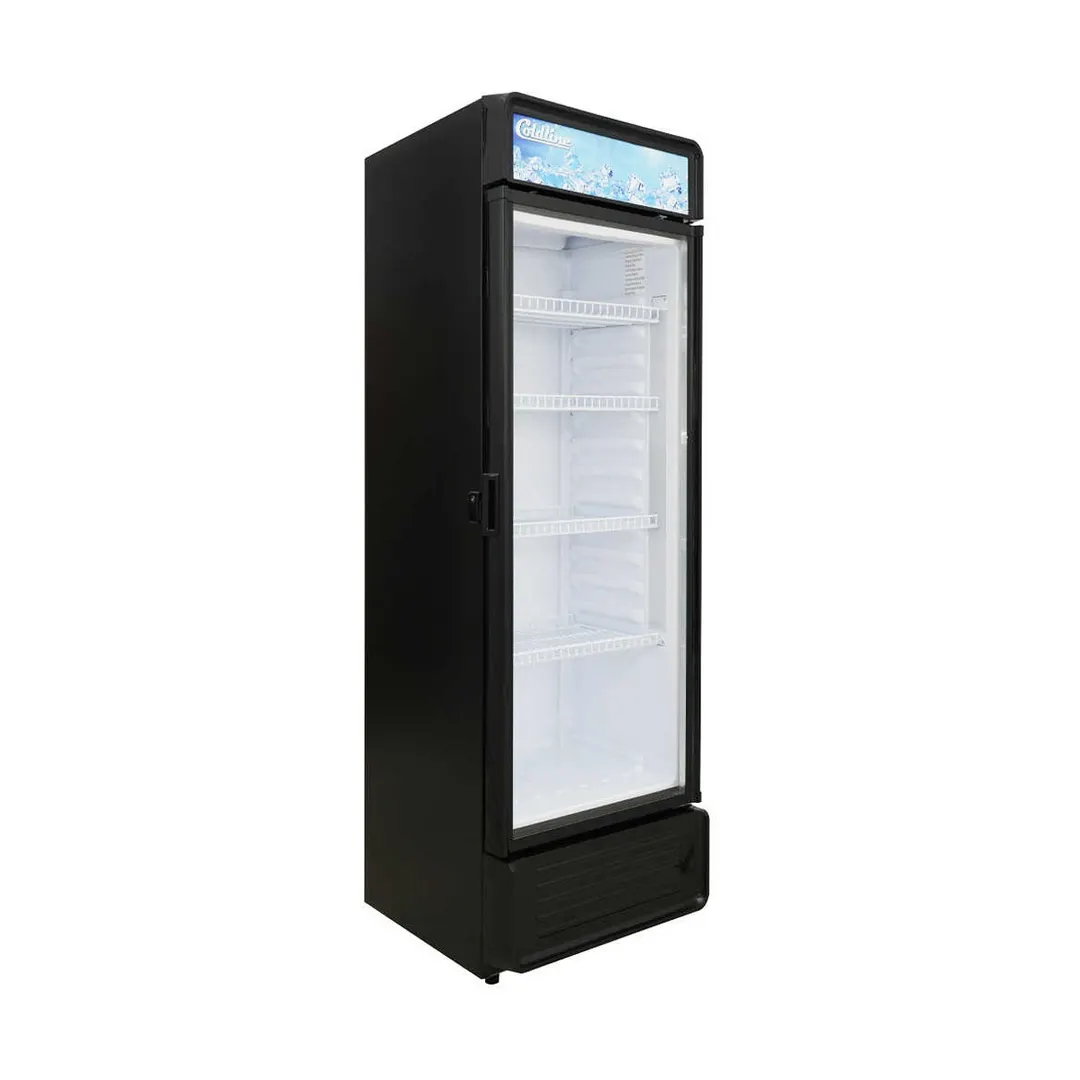 Coldline G8E-B - 22" 1‑Section Glass Door Refrigerator, 9 cu ft, Black Exterior, 1/5 HP, Light
