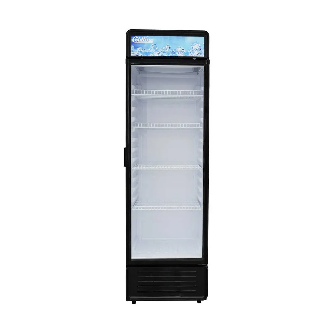 Coldline G8E-B - 22" 1‑Section Glass Door Refrigerator, 9 cu ft, Black Exterior, 1/5 HP, Light