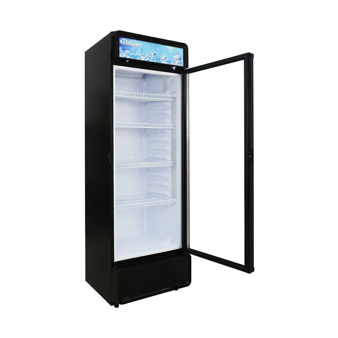 Coldline G8E-B - 22" 1‑Section Glass Door Refrigerator, 9 cu ft, Black Exterior, 1/5 HP, Light