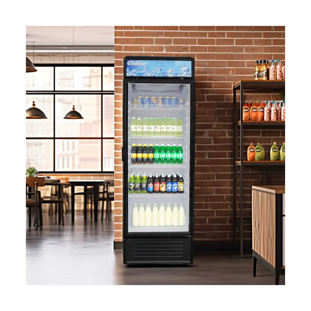 Coldline G8E-B - 22" 1‑Section Glass Door Refrigerator, 9 cu ft, Black Exterior, 1/5 HP, Light