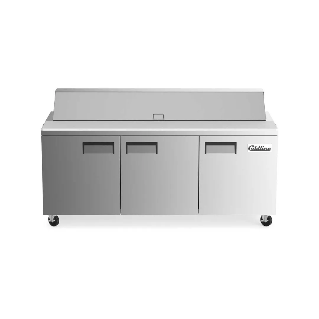 Coldline SP72 70" 3-Door Refrigerated Sandwich and Salad Prep Table, 18 Pans, Stainless Steel