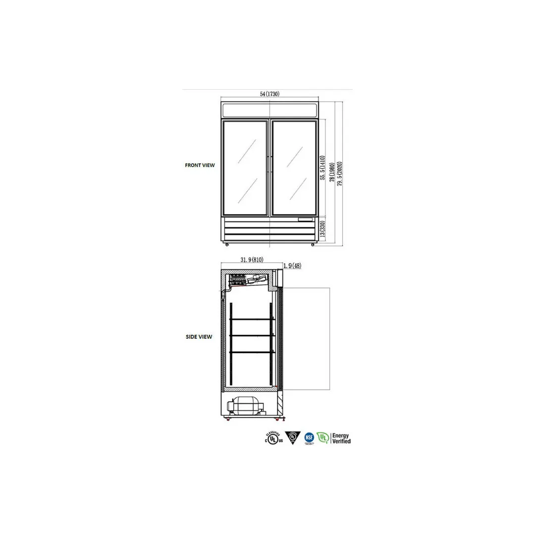 Valpro VP2F-48 54" 2 Glass Door Freezer Merchandiser, White or Black, 48 cu. ft.