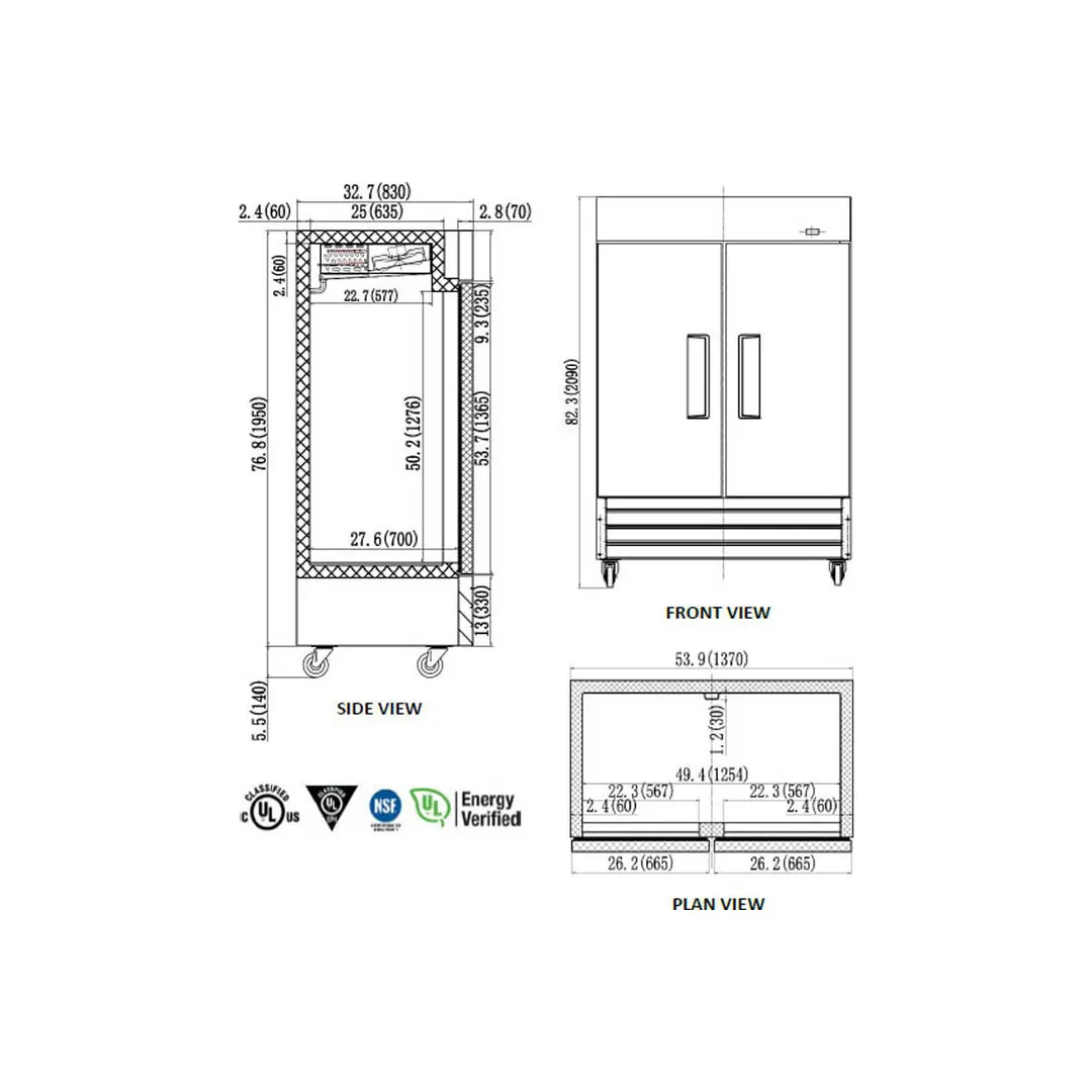 Valpro VP2R-HC 53" 2-Section Reach-In Refrigerator w/ 2 Solid Doors, Bottom Mount, Stainless Steel, 49 cu. ft.