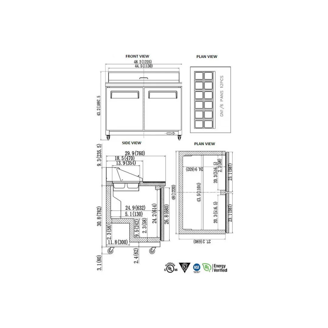 Valpro VP48S-HC 48" Two Section Sandwich/Salad Prep Table w/ 2 Doors, 12 Pans