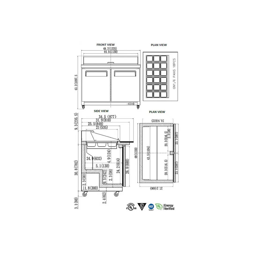 Valpro VP48SM-HC 48" 2-Door Mega Top Sandwich and Salad Prep Table, 18 Pans, Stainless Steel