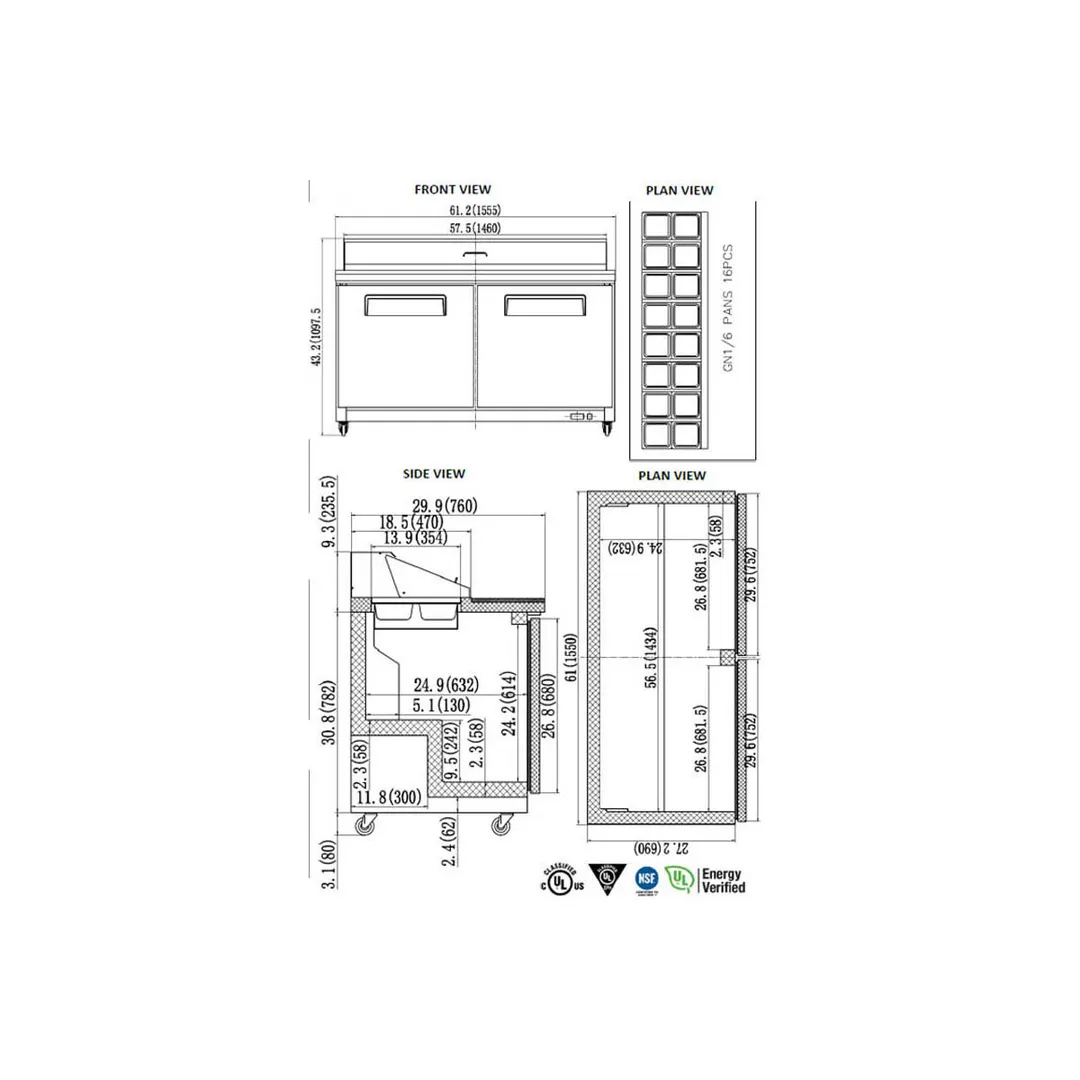 Valpro VP60S-HC 61" 2-Door Sandwich and Salad Prep Table, 16 Pans, Stainless Steel