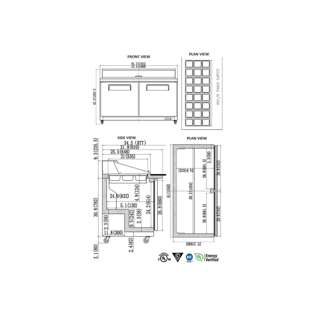 Valpro VP60SM-HC 61" 2-Door Mega Top Sandwich and Salad Prep Table, 24 Pans, Stainless Steel