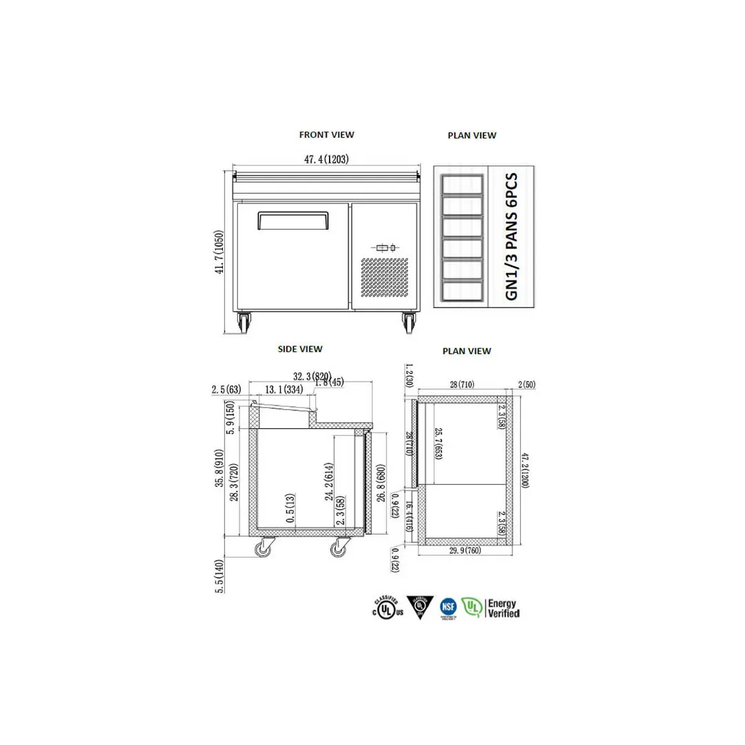 Valpro VPP47-HC 47" 1-Section Refrigerated Pizza Prep Table w/ 1 Door, 6 Pans, 12 cu. ft.