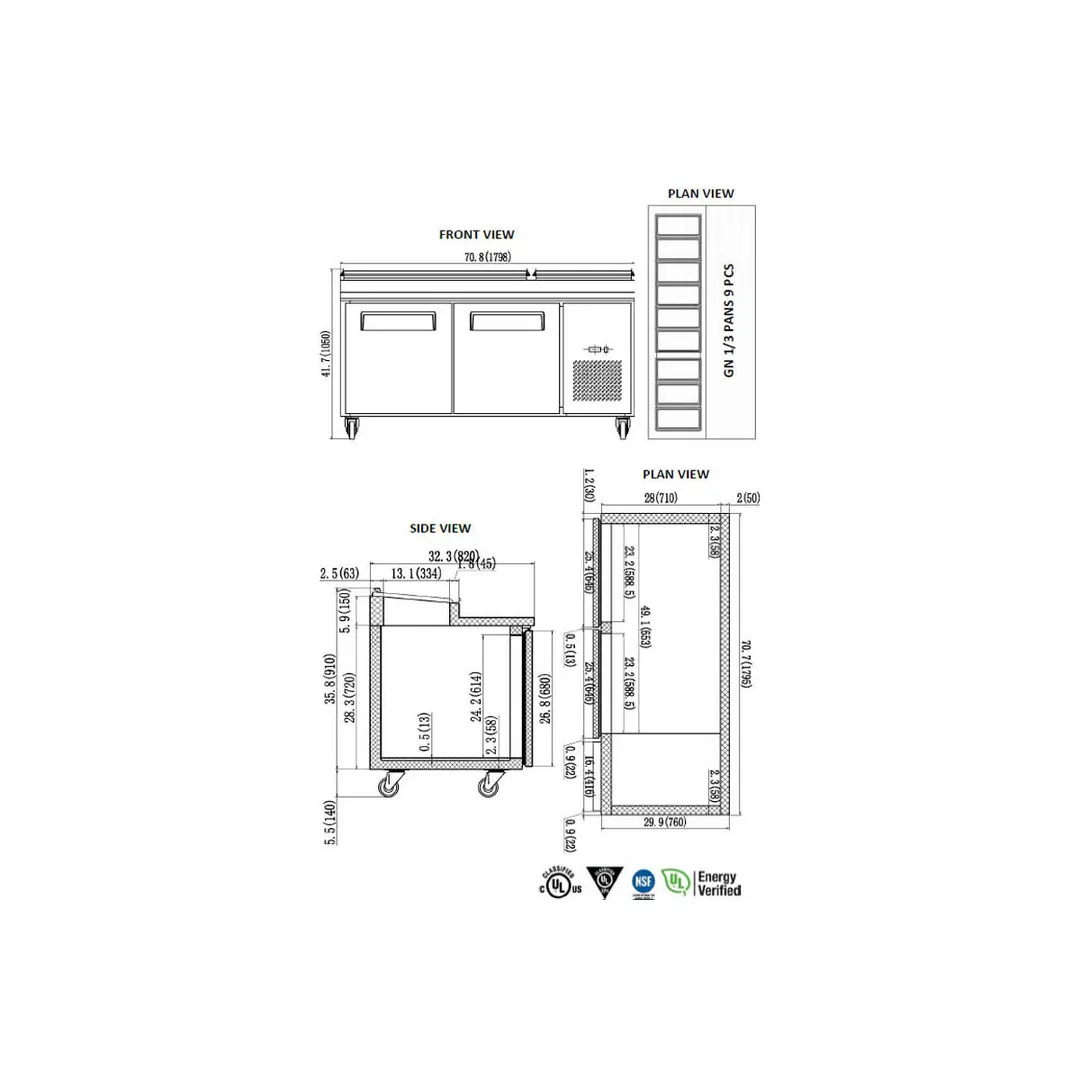 Valpro VPP71-HC 70" 2-Section Refrigerated Pizza Prep Table w/ 2 Doors, 9 Pans, 22 cu. ft.